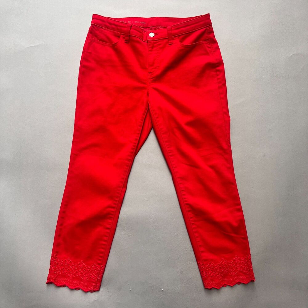 Cottagecore red slim ankle pants Talbots size 8P with embroidered boho hem